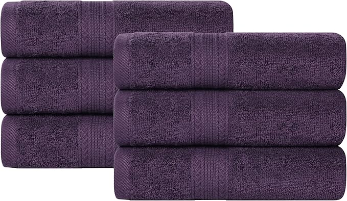 Superior Eco-Friendly Cotton 6-Piece Hand Towel Set, Small Towels for Spa, Resort, Hotel, Guest Bath, Kitchen, Quick Dry, Soft, Bathroom Accessories, Home and Apartment Essentials, Eggplant