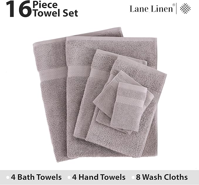 LANE LINEN 100% Mercerized Cotton Bathroom Towel Set - 16 Pcs - Ring Spun, Fluffy, Soft & Highly Absorbent - 4 Bath, 8 Washcloths, 4 Hand Towels - Avaialable in Wide Variety of Colours - Platinum
