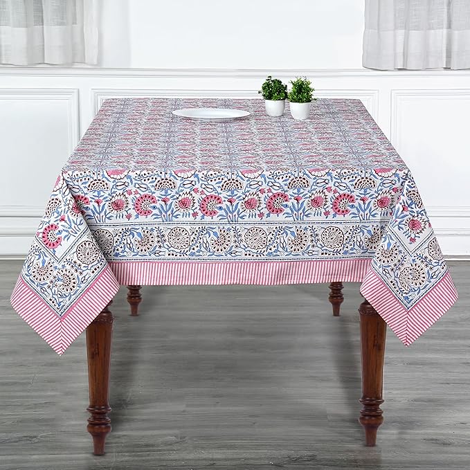 Ridhi Pigeon Blue Flamingo Pink Hand Block Print Cotton Rectangle Tablecloth 108" x 70" inches Reusable Table Cover Decorative Everyday Use for Dining, Farmhouse, Home, Party, Festive, Wedding, Fall