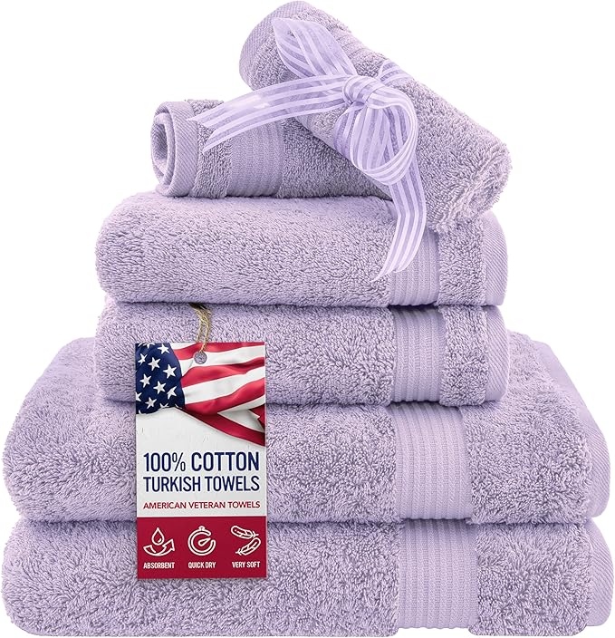 American Veteran Towel, 6 Piece Towel Set for Bathroom, 100% Cotton Turkish Bathroom Towels, 2 Bath Towels 2 Hand Towels 2 Washcloths, Lilac