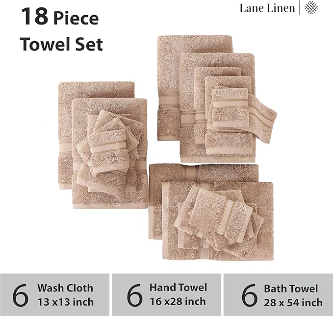LANE LINEN Towel Set for Bathroom – 18-Pack 100% Cotton, Zero Twist, Includes 6 Bath, 6 Hand & 6 Washcloth, Suitable for All Body Types, Soft & Quick Dry, Ideal for Airbnb & Spa - Tapue