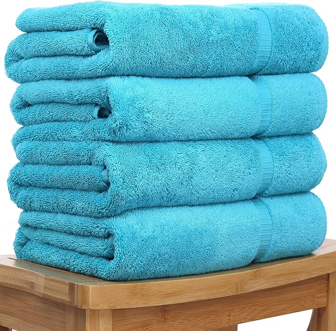 Luxury Hotel & Spa Collection Highly Absorbent, Quick Dry 100% Turkish Cotton 700 GSM, Eco Friendly Towel, for Bathroom Dobby Border Soft Bath Towel Set 27 X 54 -Aqua Blue, Bath Towels - Set of 4