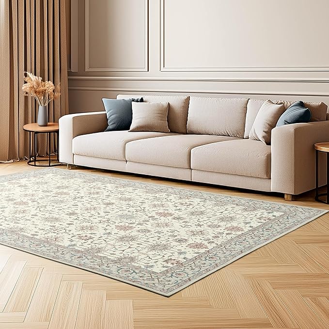 Laura Ashley Beige Aure Floral Machine Washable & Slip Resistant 5' x 7' Area Rug