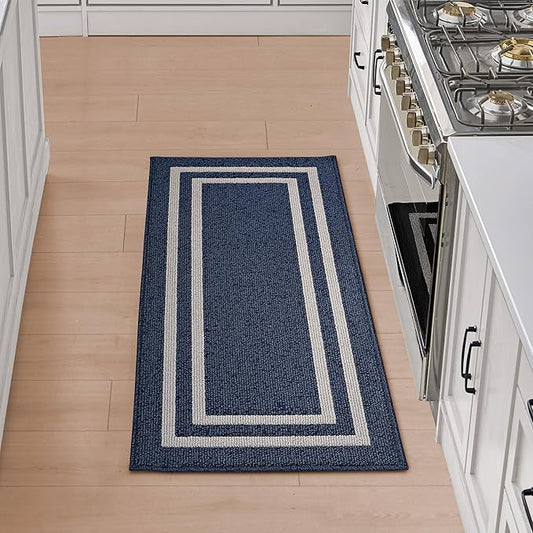 Nautica – Runner Rug | Indoor Runners for Hallways and Entry Rugs| Non-Slip and Non-Skid Entry and Kitchen Door Mat| Machine Washable Entryway Carpet Rugs | 2'2" x 5' | Double Border Denim
