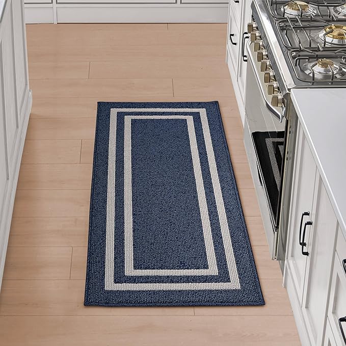 Nautica – Runner Rug | Indoor Runners for Hallways and Entry Rugs| Non-Slip and Non-Skid Entry and Kitchen Door Mat| Machine Washable Entryway Carpet Rugs |2'2" x 6'| Double Border Denim