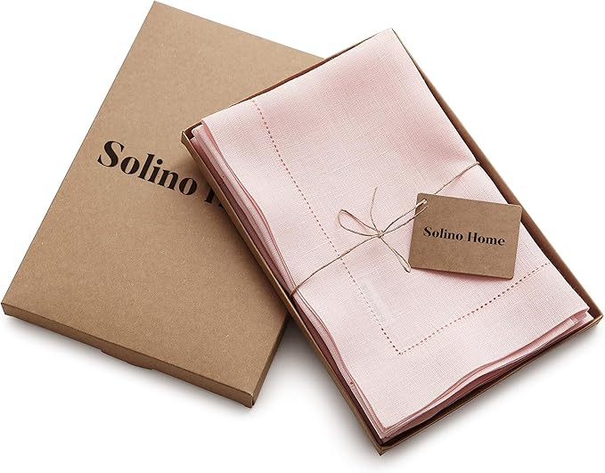 Solino Home Pink Linen Napkins Set of 6-100% Pure Linen Hemstitch Dinner Napkins 20 x 20 Inch for Valentines - Classic Hemstitch