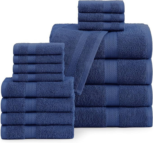LANE LINEN 100% Cotton Luxury Towel Set for Bathroom - 16 Pieces, Ring Spun - Plush, Soft & Highly Absorbent - 4 Shower Towels, 8 Washcloths, 4 Hand Towels - Complete Bathroom Towel Set - Navy Blue