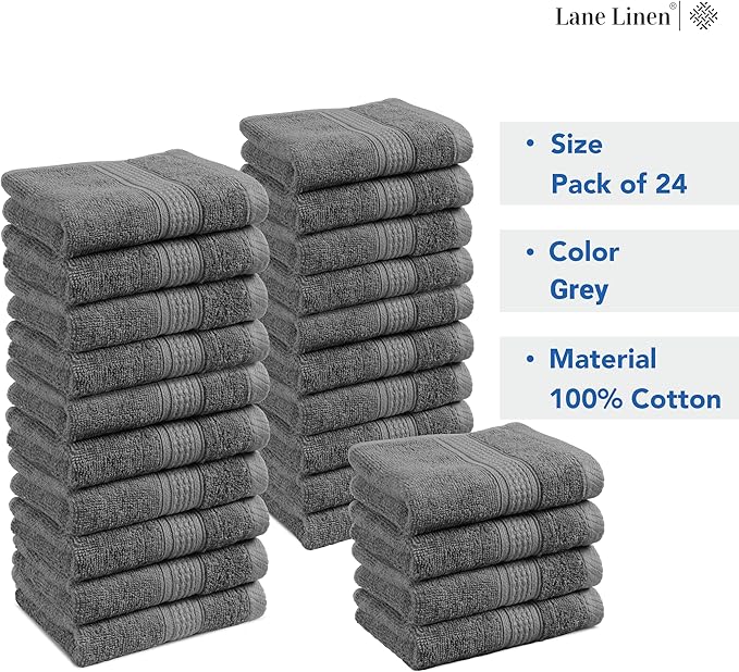 LANE LINEN Pack of 24 Washcloths Set - Spa & Salon Quality - 100% Mercerized Cotton Face Towels - Ring Spun, Very Soft & Absorbent Wash Cloths for Showering - Fingertip Towels - 13"x13", Space Grey