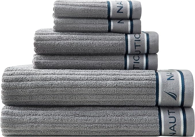 Nautica - Bath Towels, 100% Soft & Absorbent Fluffy Cotton, Highly Absorbent & Quick Dry, Medium Weight Bathroom Towels (Signature Grey, 6 Piece)