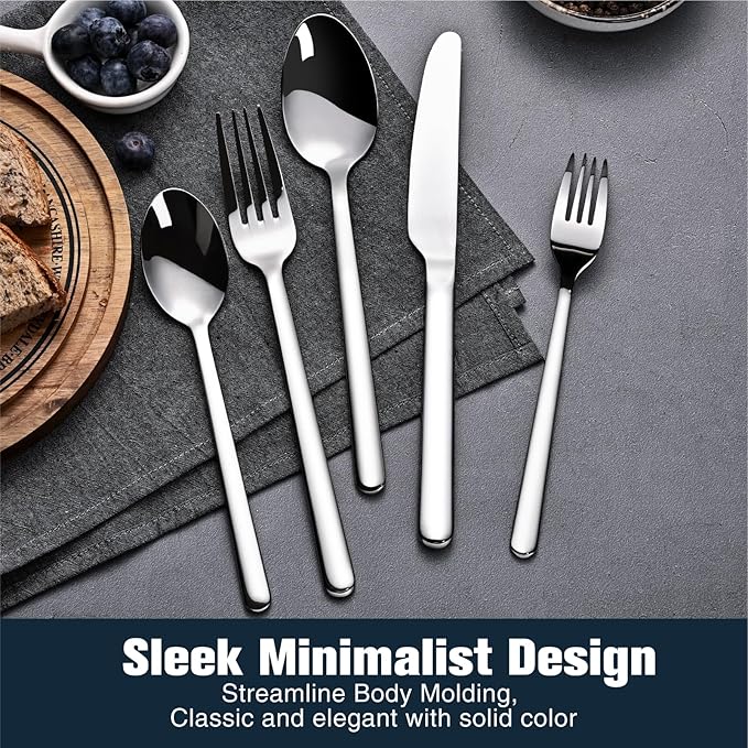 KINGSTONE Forged 40-Piece Silverware Set 18/10 Stainless Steel Flatware Utensils Set for 8, Mirror Finish,Dishwasher Safe (Silver)