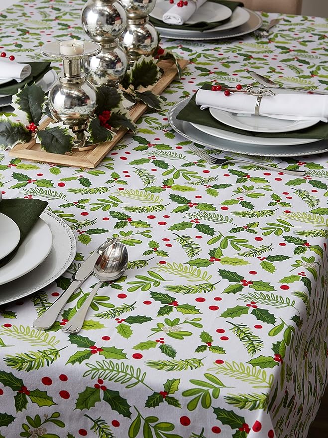 DII Boughs of Holly Collection Decorative Holiday Dining Table & Kitchen Décor, Tablecloth, 70" Round, Christmas Greenery