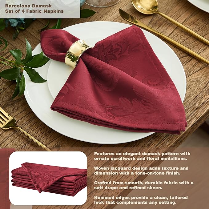 Newbridge Christmas Barcelona Damask Fabric Tablecloth, 52 x 52 Inch Square, Burgundy – No Iron, Soil Resistant Table Cover for Dining, Parties and Holidays