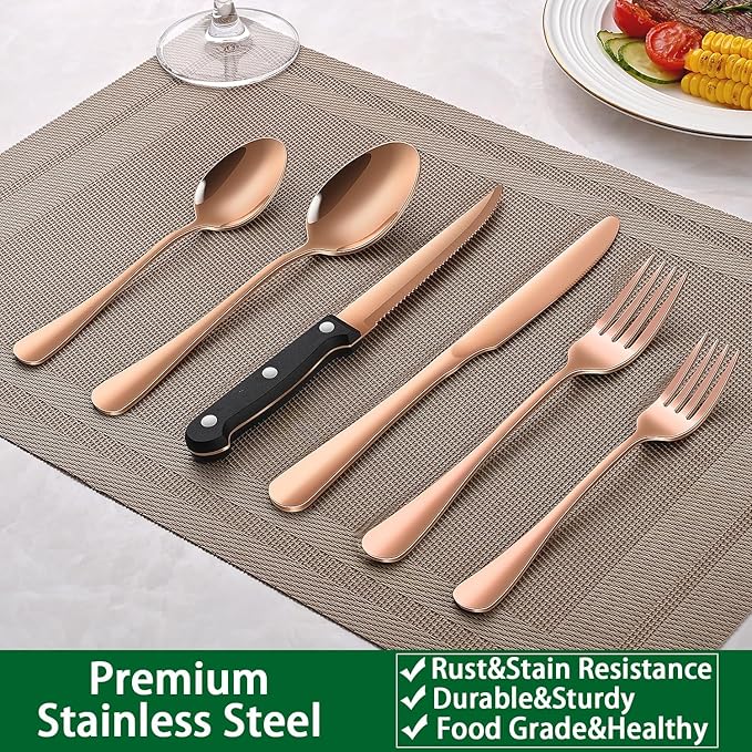 Rose Gold 24 PCS Flatware Sets With Steak Knives Service For 4 Person,Copper Eating Untensils Set For Kitchen,Silverware Set Includes Knife Spoon And Fork Set