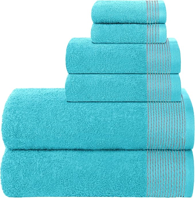 Belizzi Home 100% Cotton Ultra Soft 6 Pack Towel Set, Contains 2 Bath Towels 28x55 inchs, 2 Hand Towels 16x24 inchs & 2 Washcloths 12x12 inchs, Compact Lightweight & Highly Absorbant - Turquoise Blue