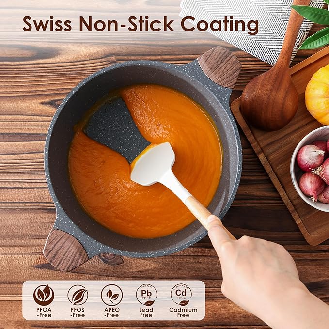 SENSARTE Nonstick Stock Pot with Lid, 4.5 Quart Induction Cooking Pot with Tempered Glass Lid, Stew Pot with Swiss Nonstick Granite Coating, PFOA PFOS APEO Free, Gray