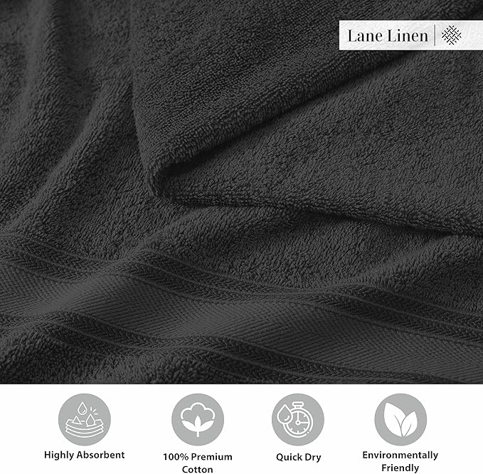 LANE LINEN Luxury Bath Towels Set - 6 Piece Set, 100% Cotton Bathroom Towels, Zero Twist, Quick Dry Shower Towels, Absorbent Bath Towel, Super Soft, 2 Bath Towels, 2 Hand Towels, 2 Wash Cloths - Black