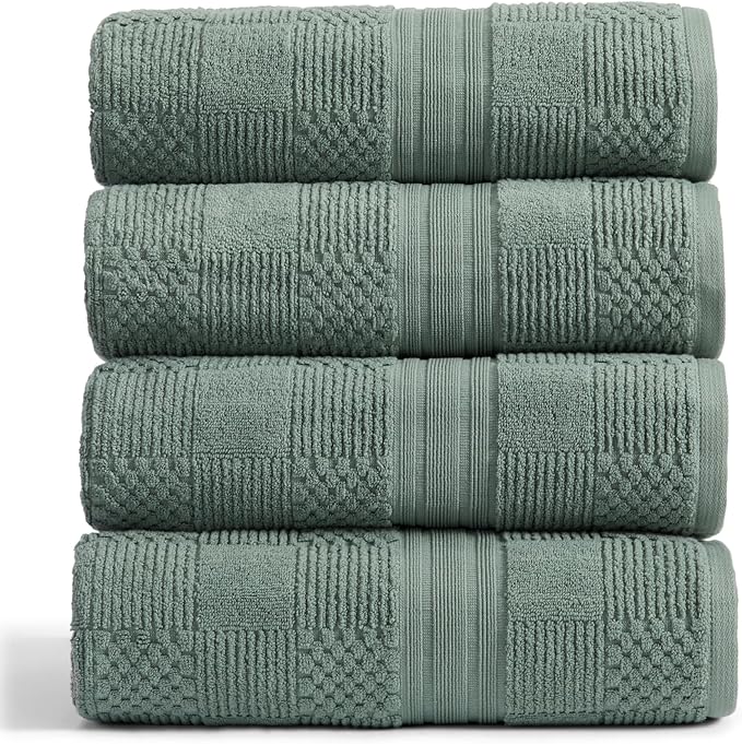 Springtree Home 100% Cotton Bath Towel Set of 4 | Green Bath Towels | Geometric Textured Design | Absorbent & Quick-Dry | 4 Bath Towels | Oeko-TEX® Standard 100 Cotton | Myla Collection - Lily Pad