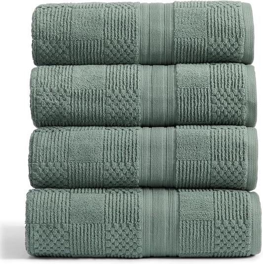 Springtree Home 100% Cotton Bath Towel Set of 4 | Green Bath Towels | Geometric Textured Design | Absorbent & Quick-Dry | 4 Bath Towels | Oeko-TEX® Standard 100 Cotton | Myla Collection - Lily Pad
