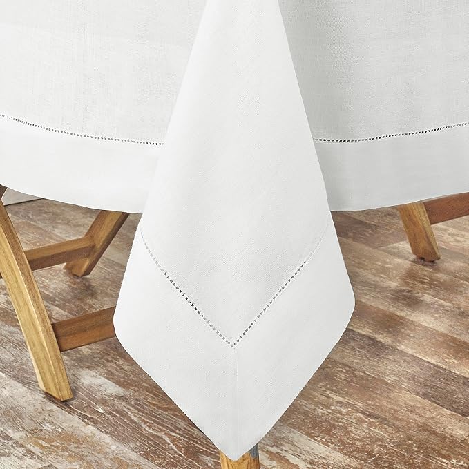 D'Moksha Homes White Linen Tablecloth 60 x 156 Inch - 100% Pure Linen White Tablecloth for Rectangle Tables - Classic Hemstitch, Machine Washable Table Cloth for Winter, Christmas, Holiday, New Year