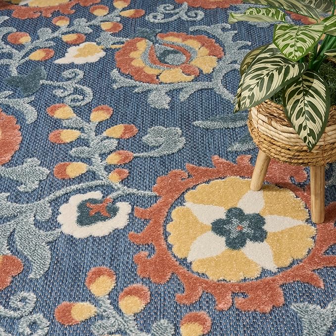Nourison Home Aloha Blue Rose 5'3" x 7'5" Area Rug - Easy Clean, Non Shedding, Bed Room, Living Room, Dining Room, Kitchen (5' x 8')