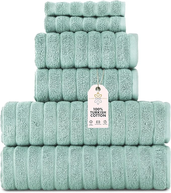Classic Turkish Towels CTT Luxury 6 Piece Towel Set, 100% Turkish Cotton, Quick Drying, Highly Absorbent & Comfy, Includes 2 Bath Towels, 2 Hand Towels & 2 Washcloths | (Spa Green)