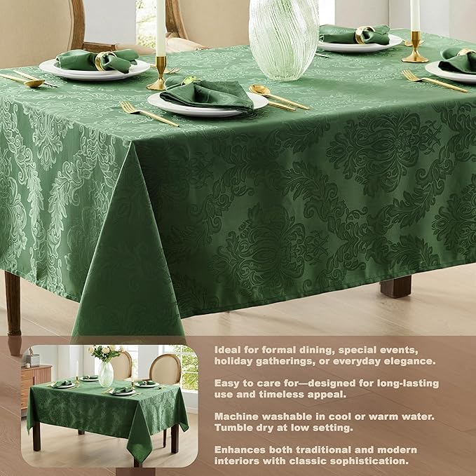 Newbridge Christmas Barcelona Damask Fabric Tablecloth, 60 x 102 Inch Rectangle, Hunter Green – No Iron, Soil Resistant Table Cover for Dining, Parties and Holidays