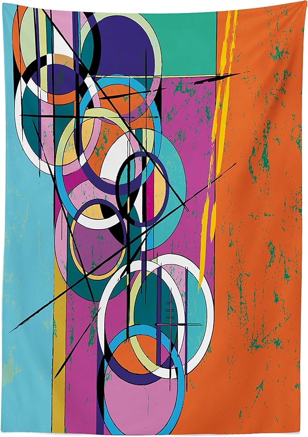 Ambesonne Modern Art Tablecloth, Unique Abstract Vertical Rectangle with Lines and Half Circle Inner Reality, Dining Room Kitchen Rectangular Table Cover, 60" X 84", Orange Blue