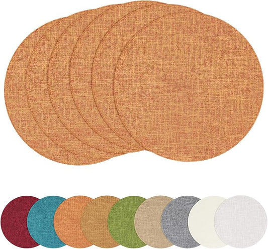 homing 15 Inch Round Cloth Placemats Set of 6, Cotton Linen Blend Washable Table Mats, Farmhouse Dining Place Mats for Indoors & Outdoors, Easy to Clean, Orange