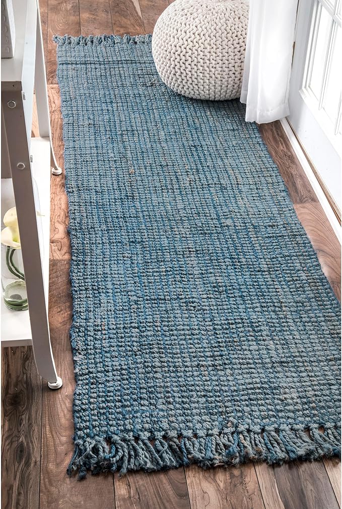 Nuloom Daniela Blue, 2'6" x 12', Handmade, Jute, Tassel, Soft and Textured, High Traffic, Stain Resistant, Easy Clean, Durable Runner for Bedroom, Living Room, Dining Space, Foyer, Entryway