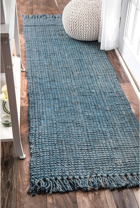 Nuloom Daniela Blue, 2'6" x 12', Handmade, Jute, Tassel, Soft and Textured, High Traffic, Stain Resistant, Easy Clean, Durable Runner for Bedroom, Living Room, Dining Space, Foyer, Entryway