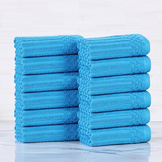 Superior Cotton Face Towel/Washcloth Set of 12, Daily Use for Bathroom, Guest Bath, Quick Dry Small Towels, Face, Hand, Gym, Spa, Hotel, Absorbent, Essentials, Ribbed, Soho Collection, Azure