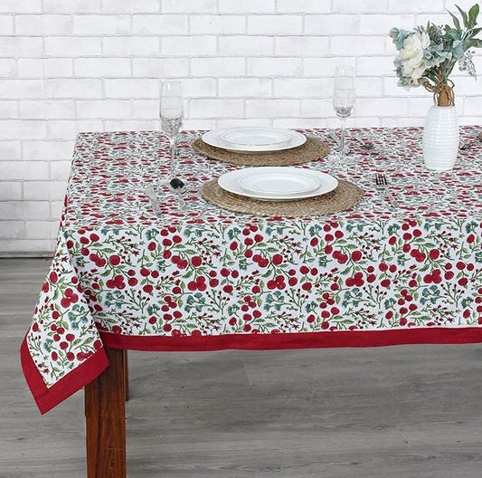 Ridhi Garnet Red and Emerald Green Indian Floral Hand Block Printed Cotton Cloth Tablecloth, Table Cover, Farmhouse Thanksgiving Christmas 4 Seater 60x60 Inches Square