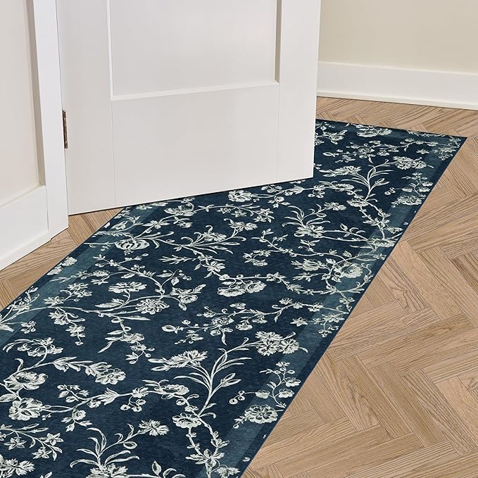 Laura Ashley Dark Navy Aria Floral Border Machine Washable & Slip Resistant 26" x 72" Runner Rug