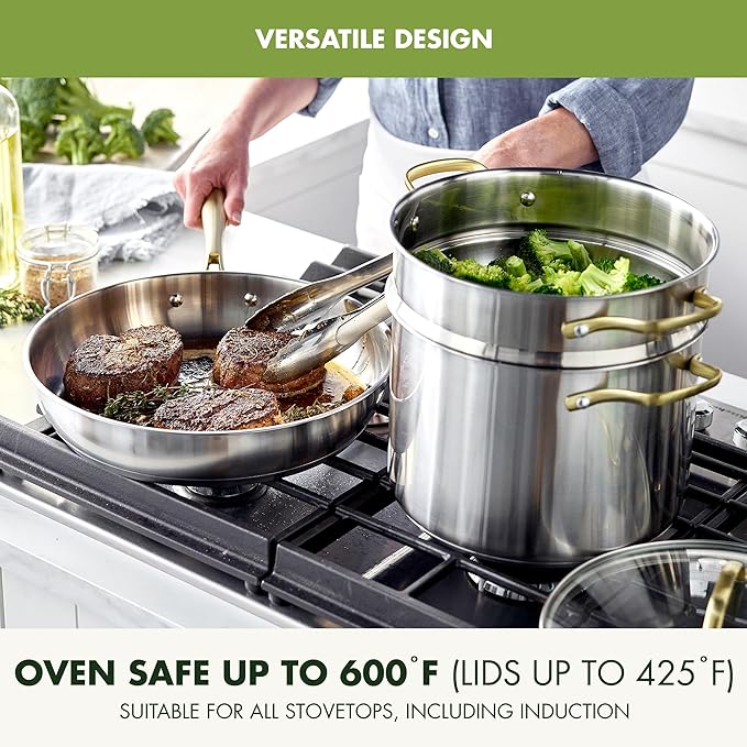 GreenPan Stainless Steel Cookware Set, 11 Piece, Induction Cookware, Dishwasher Safe, Oven Safe to 600F, Large 8QT Stock Pot, Sauce, Saute, Frying Pans, Pots & Pans Kitchen Essentials, Gold