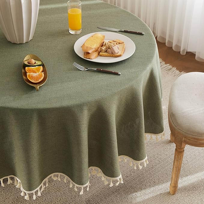 Linen Tablecloth with Tassels, Farmhouse Style GreenTablecloth, Water Resistant Burlap Tablecloths for Round Table, 52 Inch Round Olive
