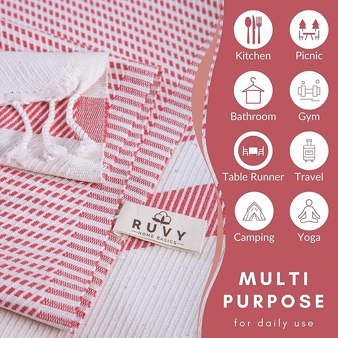 Ruvy Home Basics Turkish Hand Towels for Bathroom Set of 2 | 18"x40", Cotton | Decorative Towel for Bathroom, Kitchen, Dishcloth, Tea, Yoga, Face, Gym - Coral