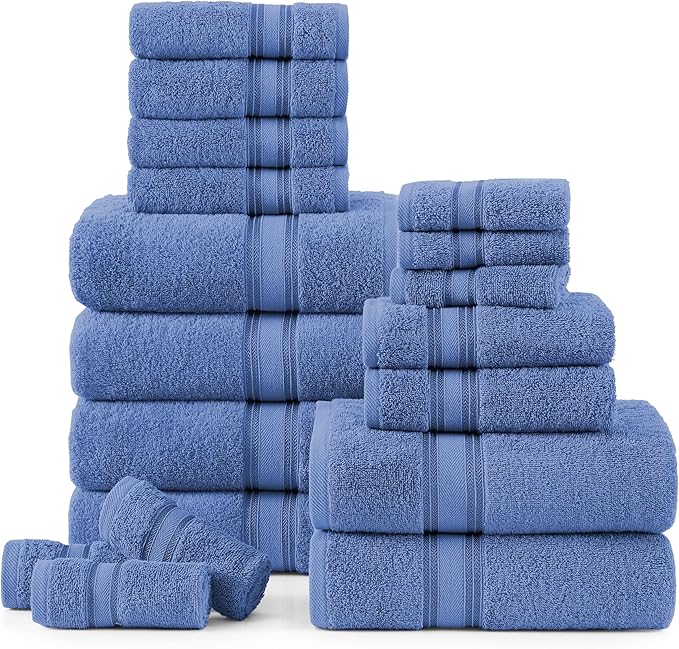 LANE LINEN Bathroom Towels Set of 18 – Zero Twist, 100% Mercerized Cotton, 6 Bath, 6 Handtowel & 6 Washcloths, Luxury Hotel Design, Perfect for Salon & Guests, Machine Washable – Cerulean Blue
