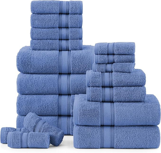 LANE LINEN Bathroom Towels Set of 18 – Zero Twist, 100% Mercerized Cotton, 6 Bath, 6 Handtowel & 6 Washcloths, Luxury Hotel Design, Perfect for Salon & Guests, Machine Washable – Cerulean Blue