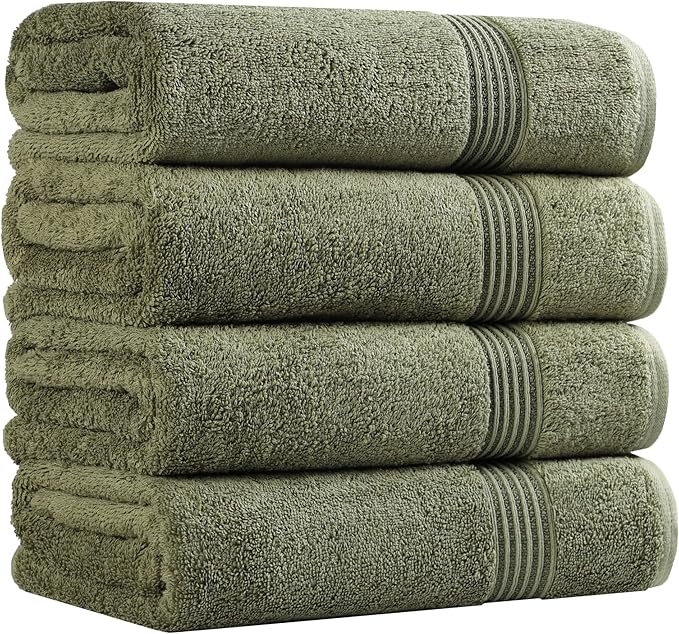 Superior Egyptian Cotton Bath Towel Set, Home Bathroom Towels, Master, Guest Bath, Decor Essentials, Quick Dry, Absorbent, Large Body Towels, Spa, Hotel, Resort, Adult, Kids, Set of 4, Forest Green