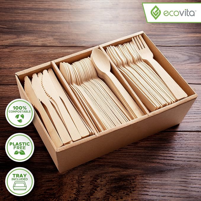 100% Bamboo Forks Spoons Knives Cutlery Combo Set - 380 Large Compostable Disposable Utensils (7 in.) Eco Friendly Durable and Tree Free Alternative to Wooden Silverware with Convenient Tray