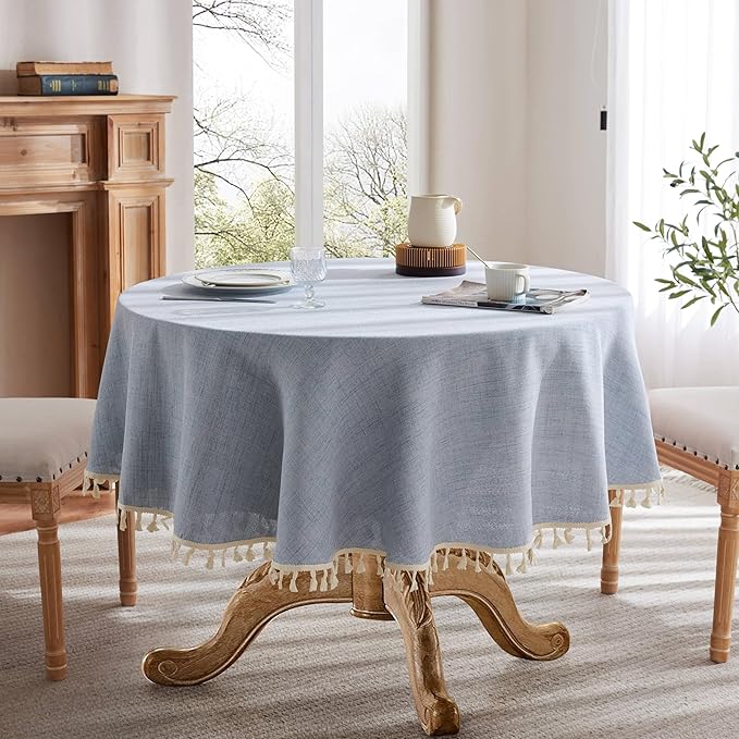 Linen Tablecloth with Tassels, Farmhouse Style Blue Tablecloth, Water Resistant Burlap Tablecloths for Round Table, 52 Inch Round Blue