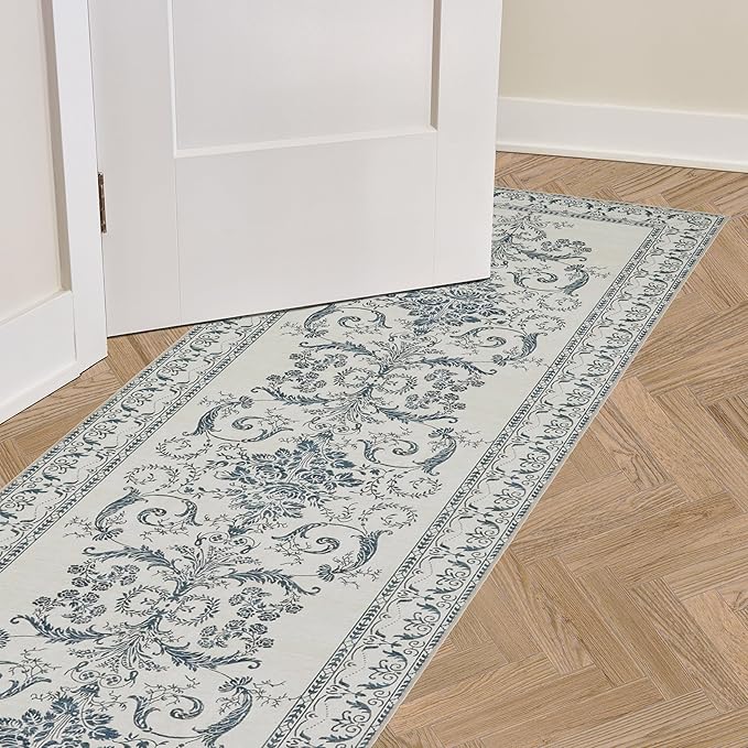 Laura Ashley Sea Spray Blue Josette Medallion Machine Washable & Slip Resistant 26" x 96" Runner Rug