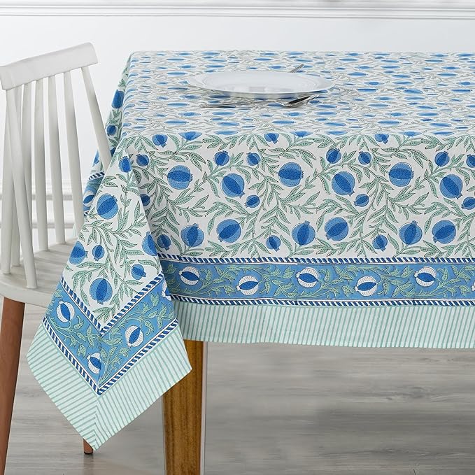Ridhi Queen Blue Hand Block Print Cotton Rectangle Tablecloth 120" x 60" inches Reusable Table Cover Decorative Everyday Use for Dining, Farmhouse, Home, Party, Festive, Wedding, Fall