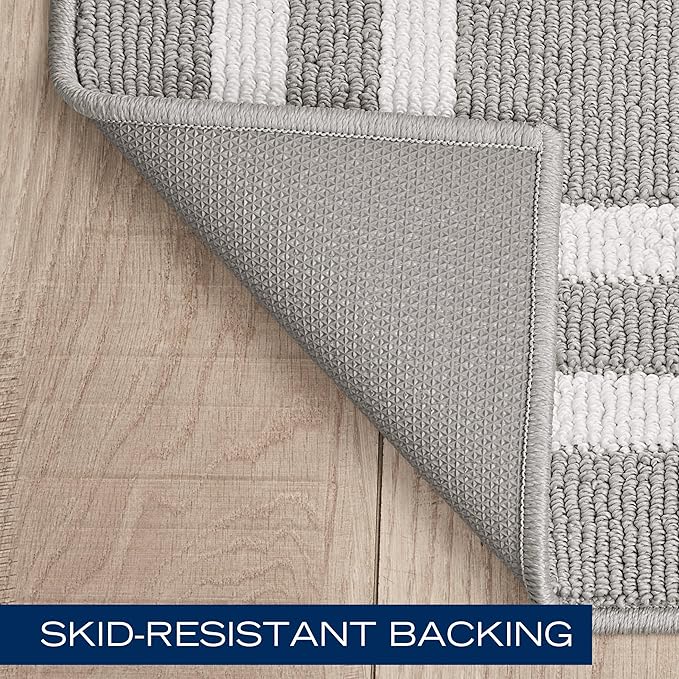 Nautica Runner Rug | Indoor Carpet for Entryway & Hallway Rug| Non-Slip Entry and Kitchen Door Mat| Machine Washable Low Profile Floor Mat | 26" x 60"| Double Border Light Grey and White