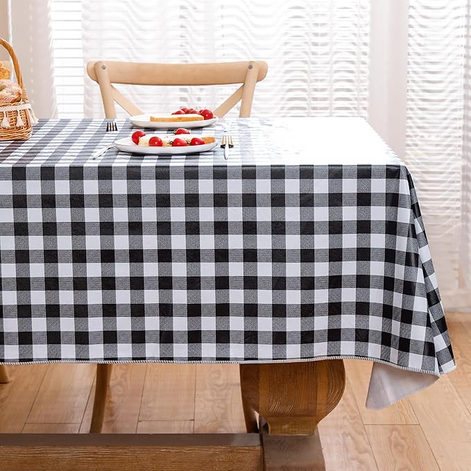 Heavy Duty Vinyl Tablecloth with Flannel Backing Waterproof Oil-Proof Plastic Table Cloth Stain-Resistant Wipeable Rectangle or Square Table Cover for Indoor and Outdoor (Black Checkered, 60x102 Inch)