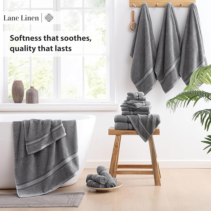 LANE LINEN 100% Mercerized Cotton Bath Towels Set of 18 – Zero Twist, 6 Bath, 6 Hand Towel & 6 Washcloths, Soft, Ideal for Spa Hotel & Home, Gentle on Body, Durable After Multiple Washes – Cool Grey