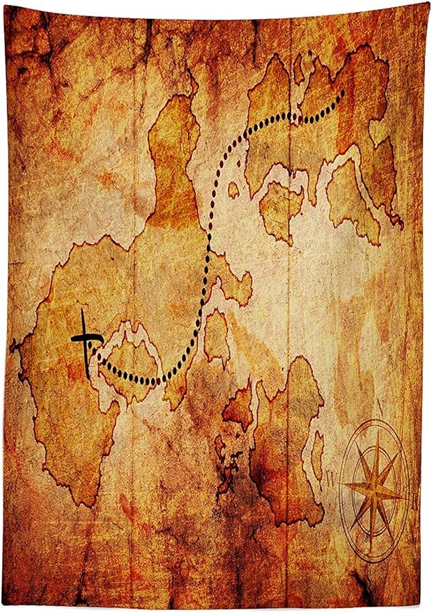 Ambesonne Island Map Tablecloth, Antique Treasure Map X Marks Spot Pot of Gold Hidden Lands History Theme Retro, Rectangular Table Cover for Dining Room Kitchen Decor, 60" X 84", Cream Tan