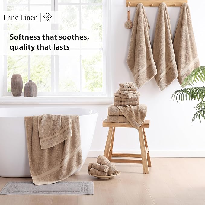 LANE LINEN Towel Set for Bathroom – 18-Pack 100% Cotton, Zero Twist, Includes 6 Bath, 6 Hand & 6 Washcloth, Suitable for All Body Types, Soft & Quick Dry, Ideal for Airbnb & Spa - Tapue