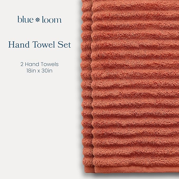 Blue Loom Ribbed Hand 2 Towels Set, 100% Cotton 600GSM, Soft Absorbent Durable Quick Drying for Bathroom - Mason 2 Piece 18" x 30" - Terracotta