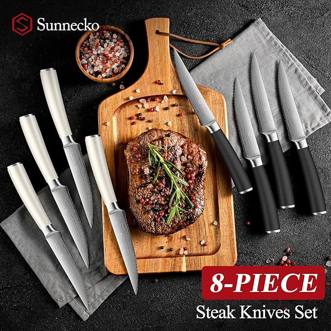 Sunnecko Steak Knives Set of 8,Premium Stainless Steel Serrated Steak Knives Set,Pakkawood Handle 4.5 Inch Kitchen Steak Knife with Gift Box(White/Black Handle)